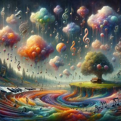 The primary subject of the image is a tree with a piano underneath it, surrounded by a colorful and whimsical landscape. The setting is a cloudy sky filled with various musical notes and symbols, creating a unique and imaginative scene. The visual style is a digital art or illustration, showcasing the artist's creativity and skill in blending elements of nature and music. The colors and mood of the image are vibrant and lively, with a sense of wonder and playfulness.